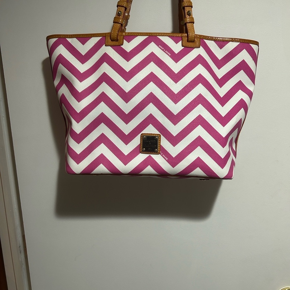 Dooney & Bourke Pink and White Chevron Tote with Tan Trim